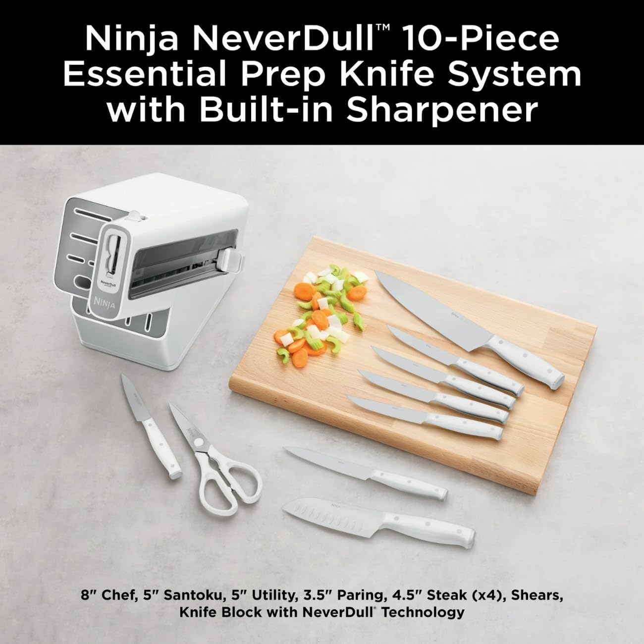 Ninja Foodi NeverDull Knife Set K12010, High Carbon Stainless Steel, Built-In Sharpener, Ergonomic Handle, Durable 10pc Kitchen Knife Block Set (White) - Image 7